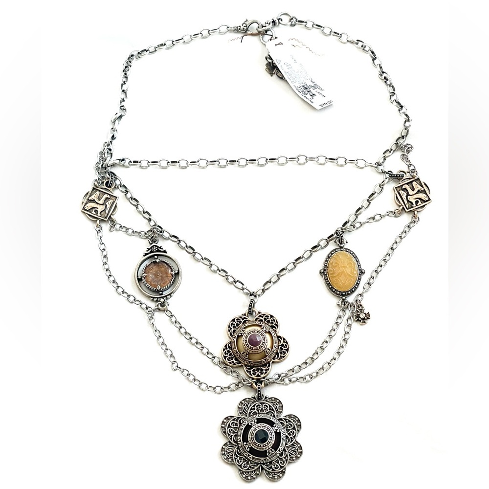 NWT LUCKY BRAND Bohemian Charm Multi Layered Silver Tiered Pendant Long Necklace
